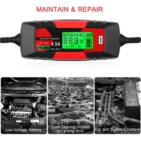 Kkmooncar Batterieladegerat Batterieladegerat Und Wartungsgerat 6V / 12V Intelligentes Automatisches 4A-Batterieladegerat Mit LCD-Bildschirm-Impulsreparaturladegerat Fur Auto-Motorradboot Und Mehr Eu-Stecker – Bild 5