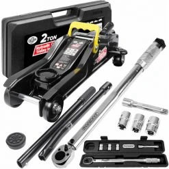 Deuba Reifenwechselset Hydraulischer Wagenheber 2t Inkl. Gummiauflage + Drehmomentschlüssel 6tlg. 1/2" 40-210Nm + Koffer