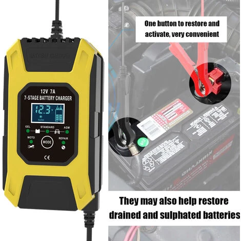 ASUPERMALL Autobatterieladegerat, 12V 7A Blei-Saure-Batterien-Ladegerat, LCD-Display Smart Batterie-Betreuer 7-Stufen Riesellader Fur Auto, Motorrad, Rasenmaher, Meeresboot, SUV, (EU-Stecker) – Bild 2