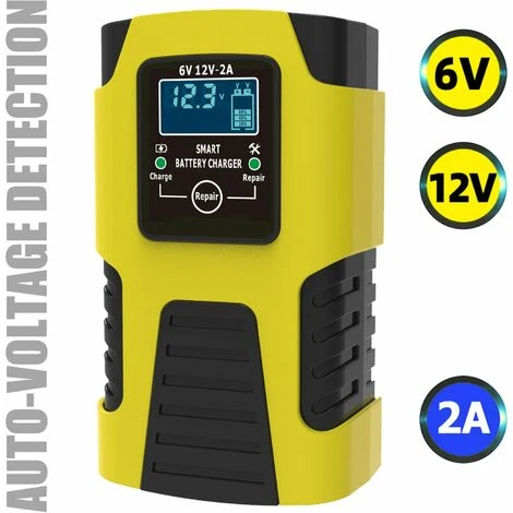 LIFCAUSAL 6V 12V 2A 3-stufiges Automatisches Intelligentes Batterieladegerät Multifunktions-Autobatterieladegerät Intelligentes Schnelles Aufladen Impulsreparaturladegerät Mit Digitalem LCD-Display (gelb) – Bild 5