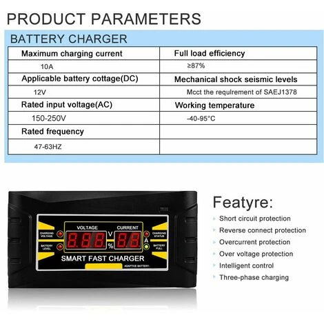 LIFCAUSAL Vollautomatisches, Intelligentes 12-V-10-A-Blei-Säure-/GEL-Ladegerät Mit LCD-Display, EU-Stecker, Intelligentes Schnellladegerät – Bild 5