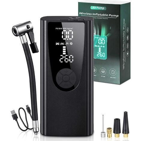 BENOBBY KIDS Tragbarer 12-V-Luftkompressor – Tragbare Luftpumpe Mit 6000 MAh – Mini-Autokompressor – Autoreifenfüller – Mit 4 Düsenadaptern Und LED-Licht – Für Auto, Fahrrad, Motorrad, Fußball