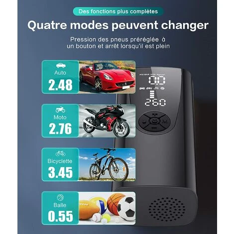 BENOBBY KIDS Tragbarer 12-V-Luftkompressor – Tragbare Luftpumpe Mit 6000 MAh – Mini-Autokompressor – Autoreifenfüller – Mit 4 Düsenadaptern Und LED-Licht – Für Auto, Fahrrad, Motorrad, Fußball – Bild 2