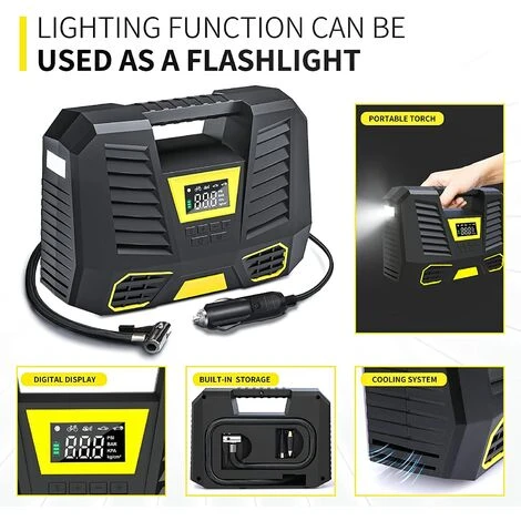 BF Tragbarer Luftkompressor, 150 PSI Autoreifenfüller, 3 X 2000 MAh Mini-Reifenkompressor 12 V, Reifenpumpe Mit Digitalem LCD-Display, LED-Licht, Elektrischer Kompressor Für Auto, Fahrrad, Motorrad – Bild 3