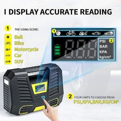 BF Tragbarer Luftkompressor, 150 PSI Autoreifenfüller, 3 X 2000 MAh Mini-Reifenkompressor 12 V, Reifenpumpe Mit Digitalem LCD-Display, LED-Licht, Elektrischer Kompressor Für Auto, Fahrrad, Motorrad – Bild 5