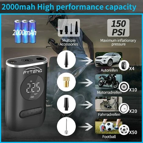 BENOBBY KIDS Elektrische Luftpumpe 2021 Die Neueste Digitale Elektrische Mini-Luftpumpe Mit 150 PSI, Batteriekompressor, Autoreifen-Luftpumpe, Geeignet F��r Autos, Motorr?der, Fahrr?der, B?lle – Bild 2