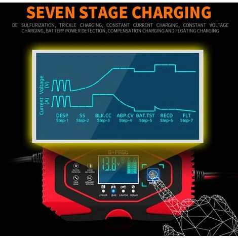 DONTODENT Schnelles Intelligentes Autobatterieladegerät 6A 12V / 24V Intelligentes Tragbares Autobatterieladegerät LCD-Touchscreen-Batterieladegerät Für Lithium-Blei-Säure-LiFePO4 – Bild 2